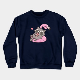 Cute Raccoon Chilling on Flamingo Pool Float Crewneck Sweatshirt